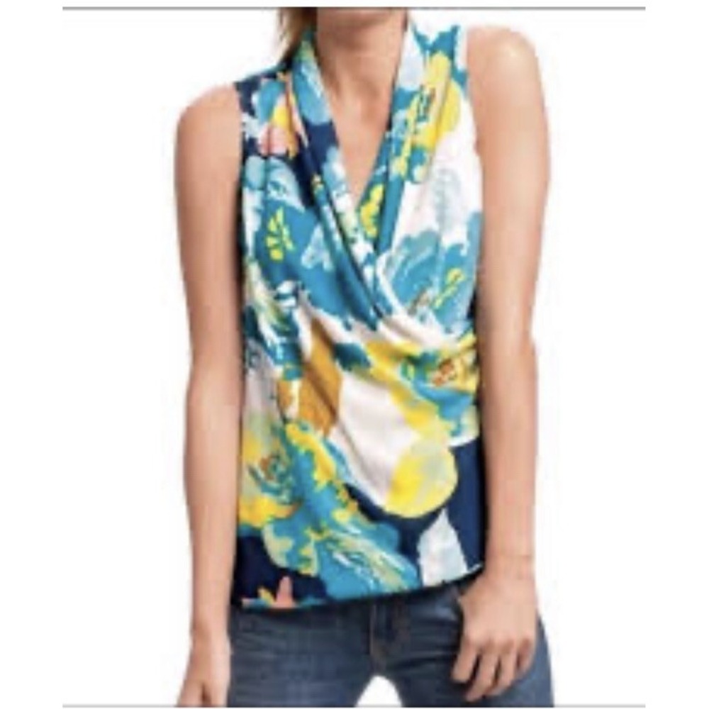 CAbi XS Top Blue Yellow Teal Floral V Neck Draped Sleeveless Blouse 741